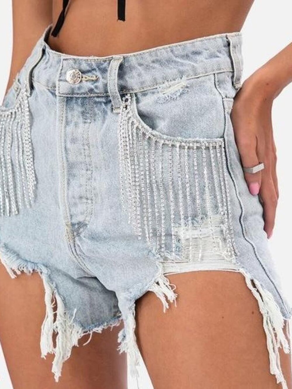 Adika Rhinestone Fringe Distressed Denim Shorts Women’s Light Wash Festival Y2K